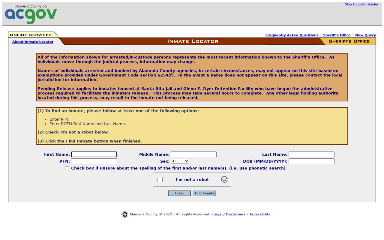 Pleasanton people search using Alameda inmate name fields