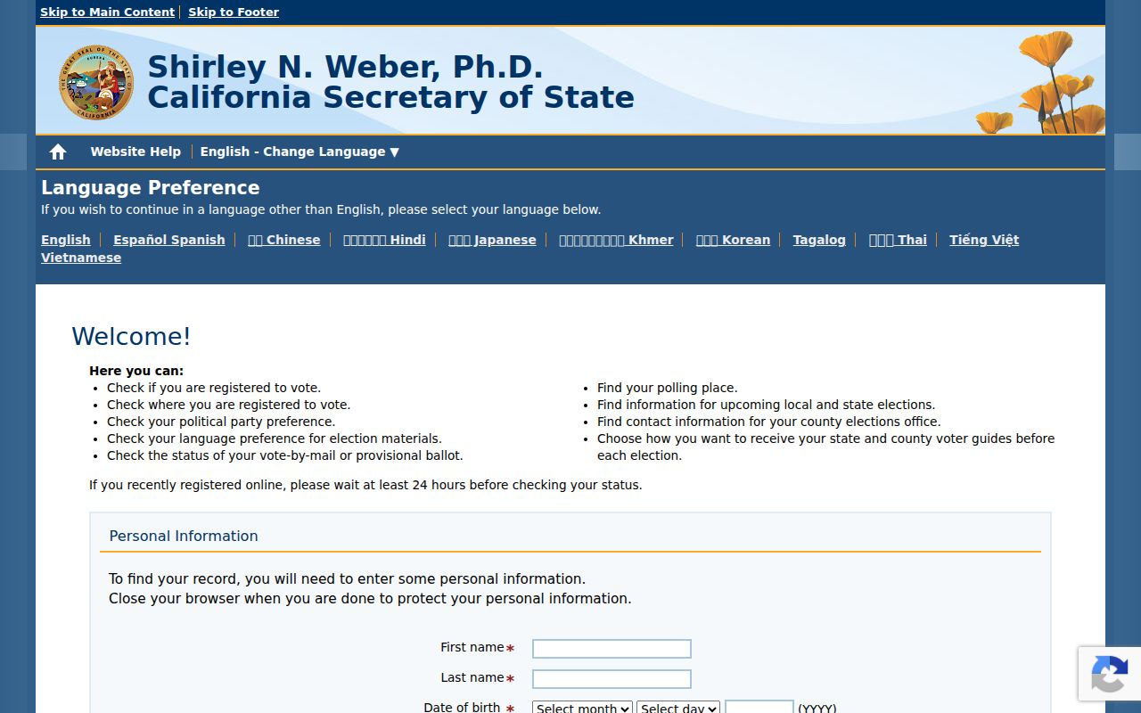 Pleasanton people search limits at California voter status lookup