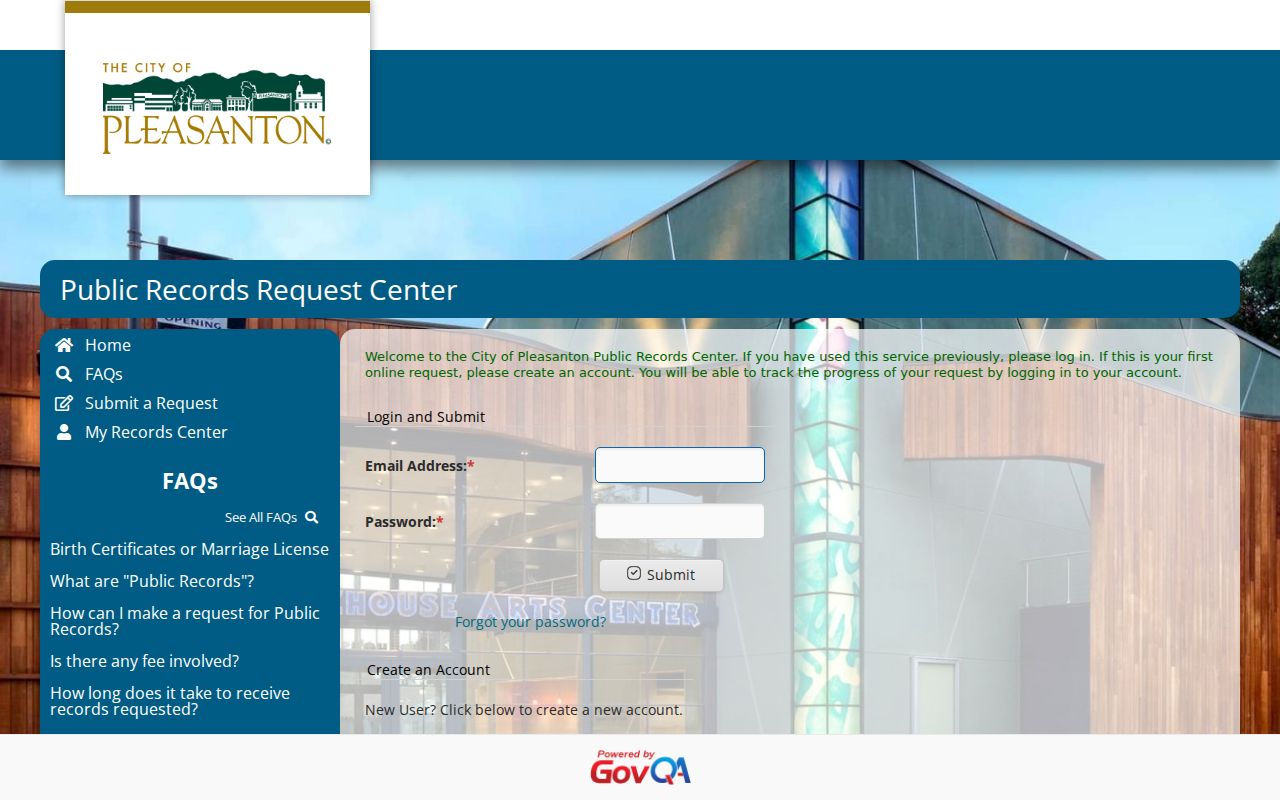 Pleasanton public records request account screen