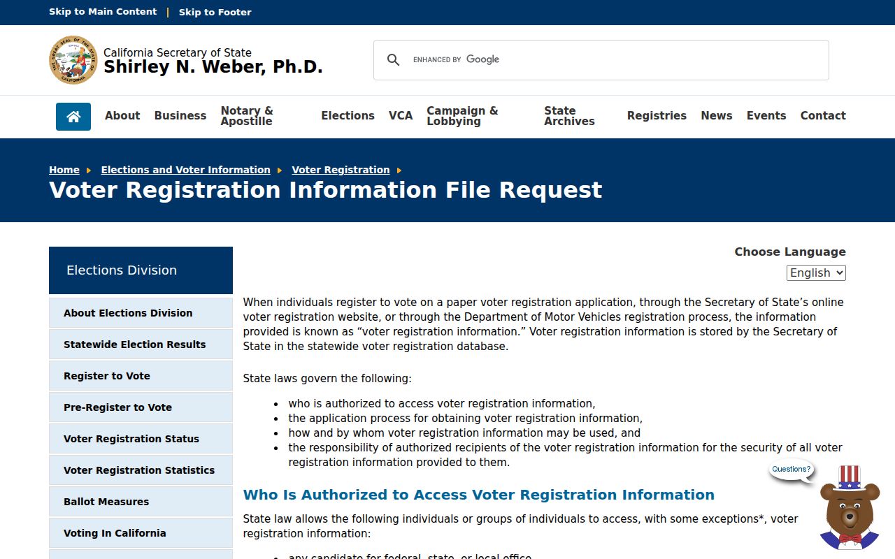Pleasanton voter registration records file request page
